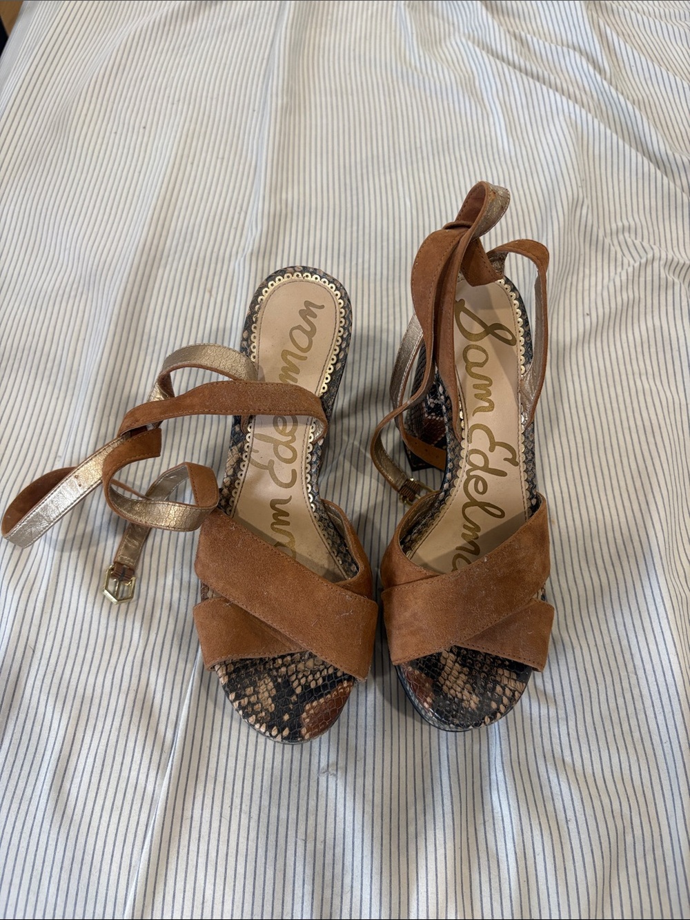 Sam Edelman Tan Suede Crisscross Heels with Snake-Print Footbed